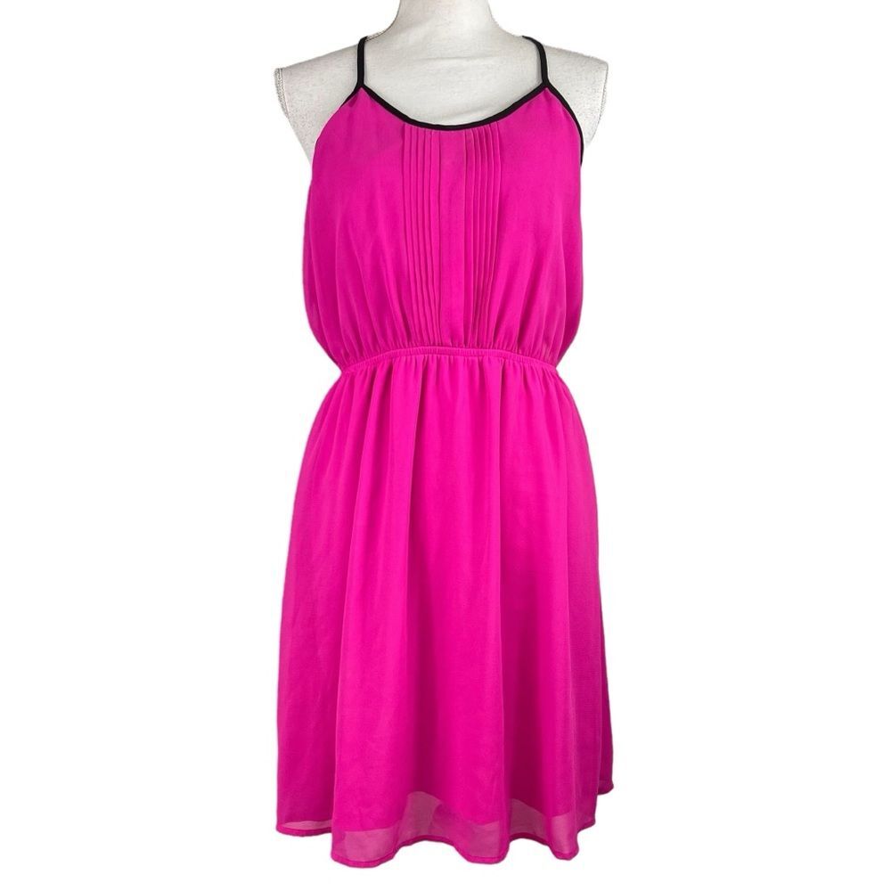 New Hot Pink & Black Summer Dress Large Silk Blend Racerback Party Cruise